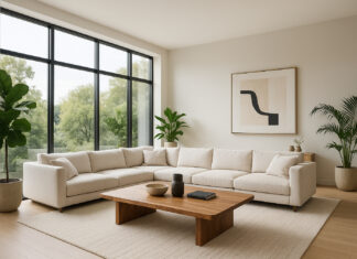 Le salon XXL : inspirations pour un espace de vie convivial et moderne Photo d'un salon moderne lumineux avec grandes fenêtres et décoration minimaliste