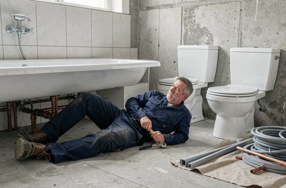 Plombier de Sarl Entreprise Corbet effectuant des travaux de raccordement de tuyauterie sous une baignoire en cours d'installation