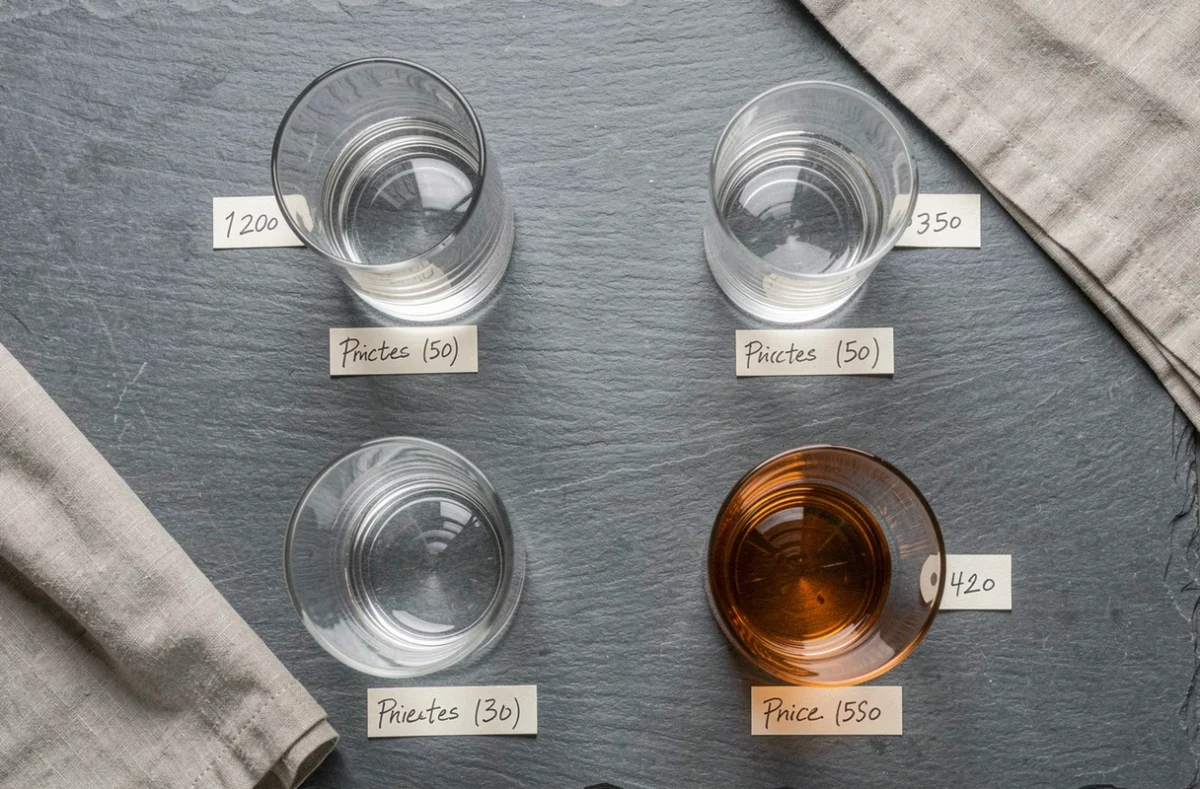 Vue de dessus de quatre verres à whiskey différents classés par prix sur une surface en ardoise grise