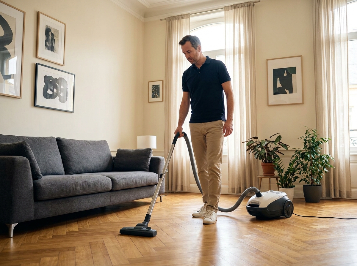 Prestataire de ménage à domicile passant l'aspirateur dans un salon à Metz