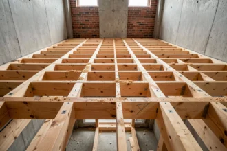 Solives en bois brut pour plancher de mezzanine en cours de construction dans un loft contemporain