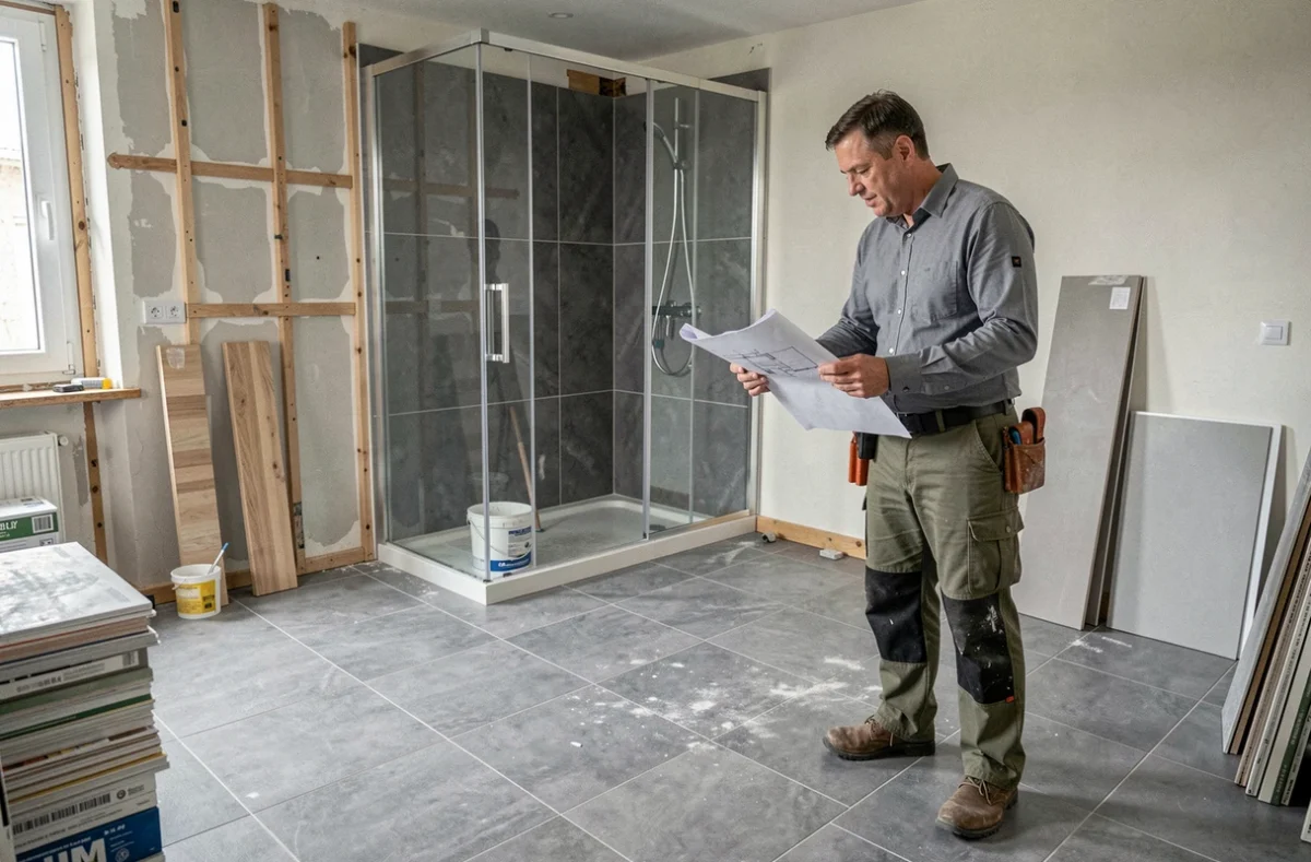 Entrepreneur de Somatem supervisant une rénovation complète de salle de bain en Seine-et-Marne avec nouveau carrelage et douche vitrée