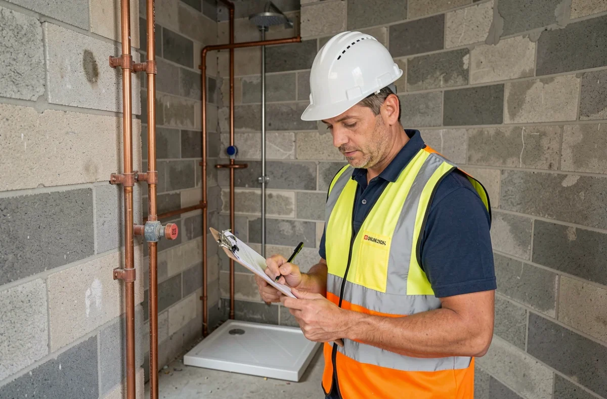 Ouvrier de ST-BAT consultant des plans devant une salle de bain en construction dans la Loire