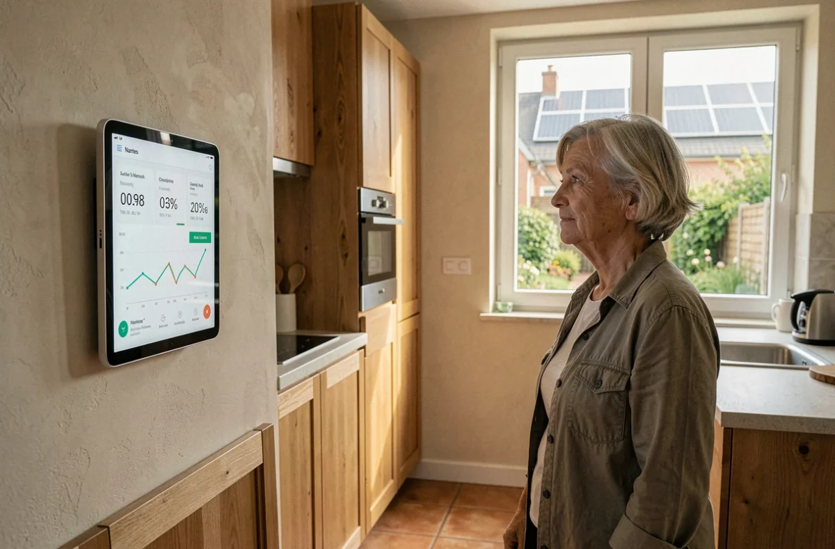 Femme consultant le tableau de bord de production solaire sur une tablette dans une cuisine nantaise moderne