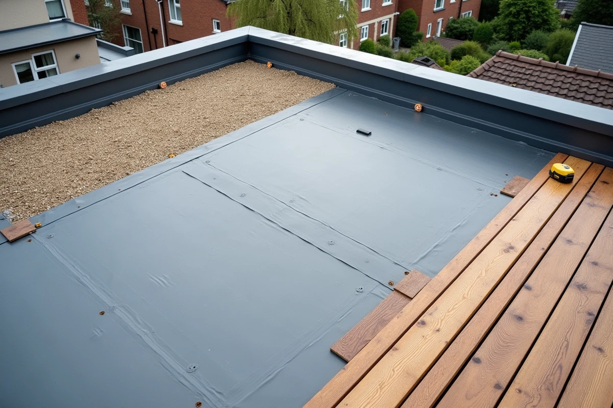 Surface d'un toit terrasse plat avec membrane d'étanchéité EPDM et lames de terrasse en bois