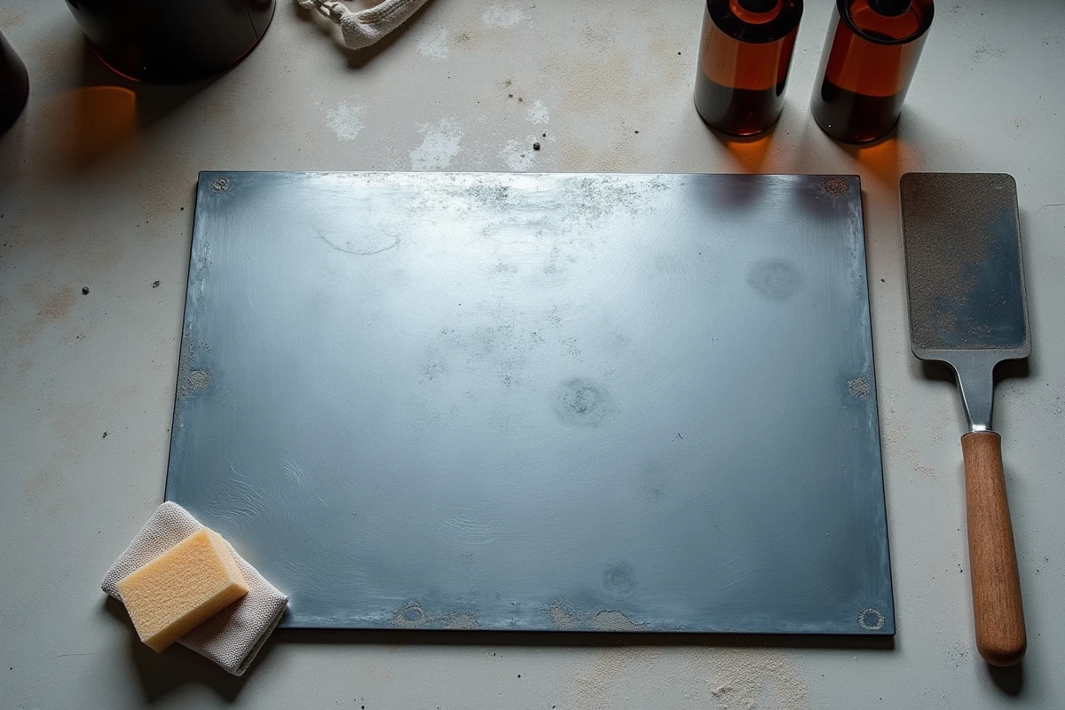 Gros plan sur une surface en zinc patinée uniformément, sans traces ni auréoles, avec éponge et chiffon sur plan de travail en béton