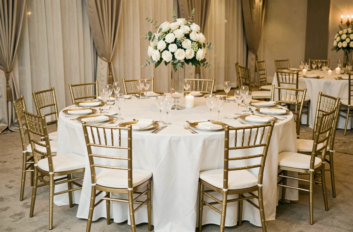 Table de réception ronde de grande taille dressée pour 10 convives avec nappe blanche et chaises Chiavari dorées dans une salle d'événements élégante