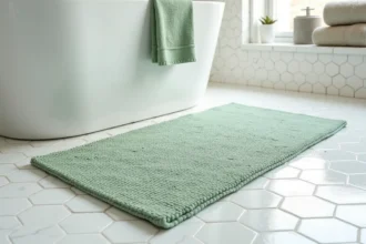 Tapis de bain en coton à texture bouclée vert sauge sur carrelage hexagonal blanc, avec dessous antidérapant visible