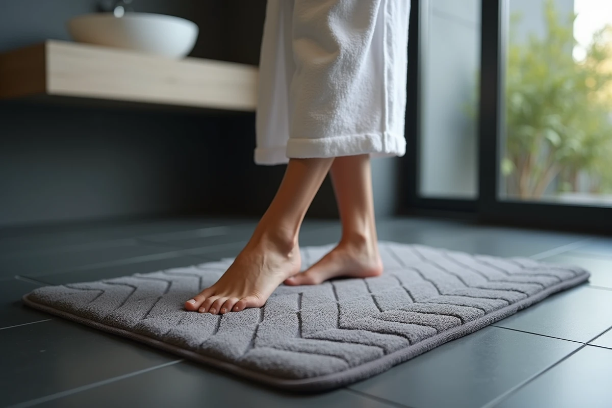 Femme en peignoir blanc posant le pied sur un tapis de bain microfibre gris anthracite antidérapant dans salle de bains moderne