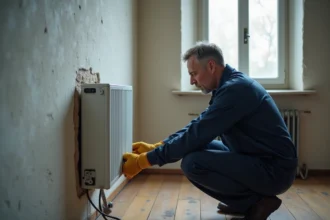 Technicien inspectant un accumulateur électrique mal isolé dans un appartement, révélant des pertes thermiques