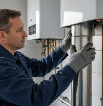 Technicien inspectant une cheminée moderne dans une pièce rénovée