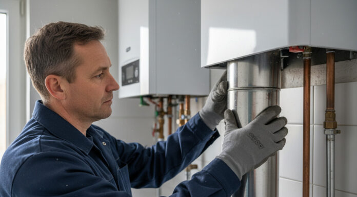 Technicien inspectant une cheminée moderne dans une pièce rénovée