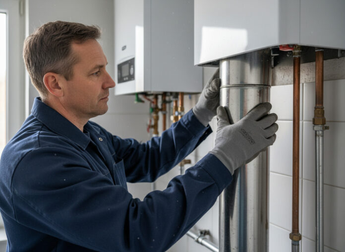 technicien-inspecte-chimney Technicien inspectant une cheminée moderne dans une pièce rénovée