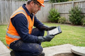 Technicien en combinaison de travail inspectant une fosse septique ouverte dans un jardin résidentiel, tablette en main