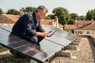 Technicien inspectant des panneaux solaires sur un toit résidentiel avec une tablette numérique