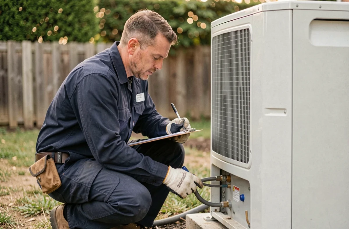 Technicien HVAC inspectant une pompe à chaleur Atlantic lors d'une installation résidentielle