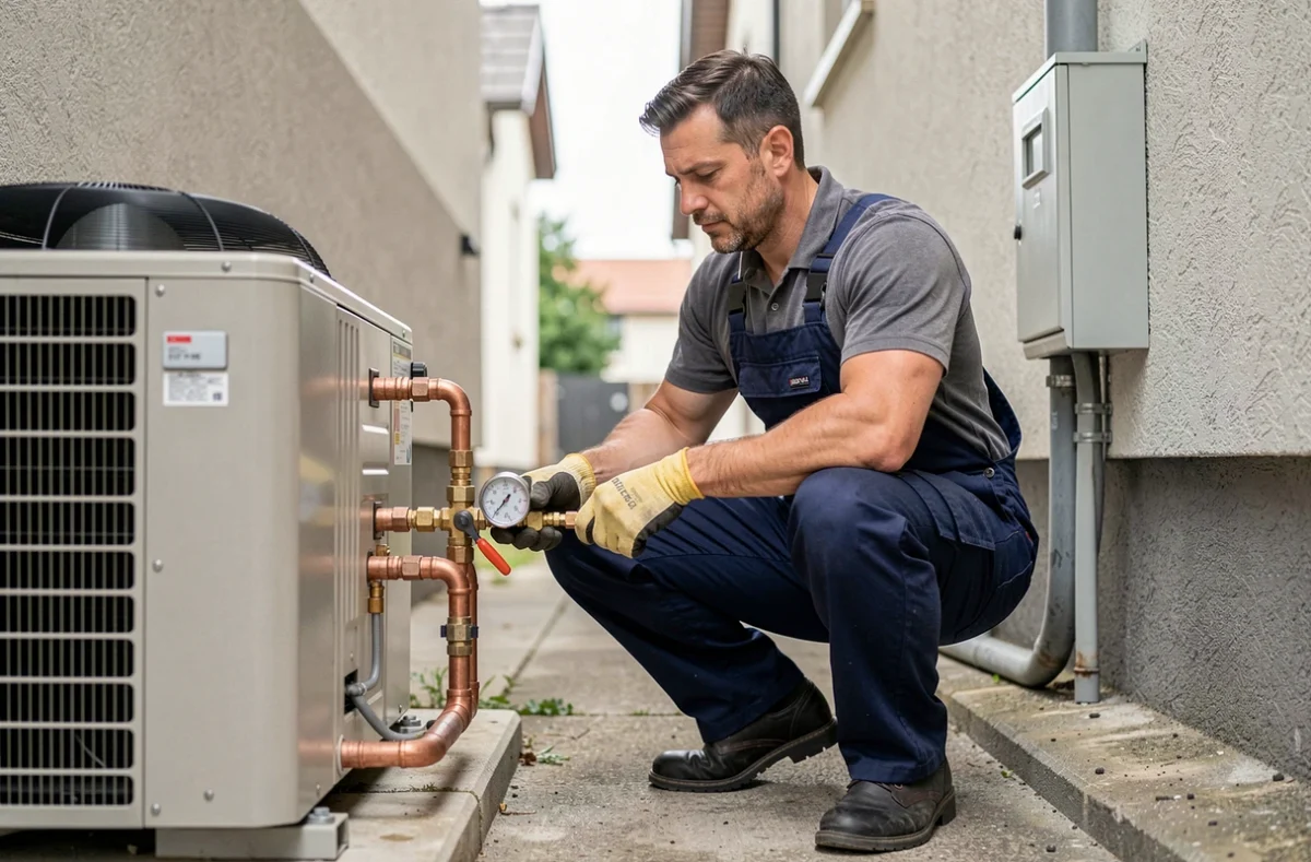Technicien installant une pompe à chaleur pour une maison individuelle
