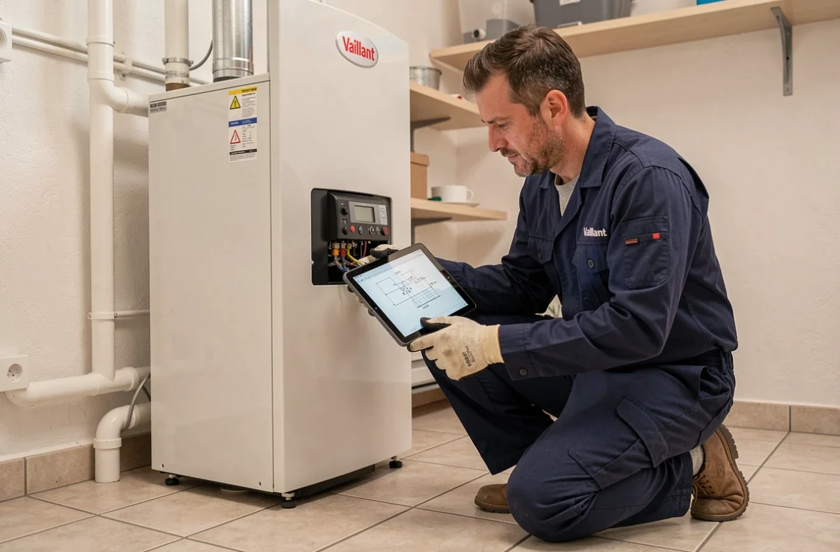 Technicien HVAC inspectant une pompe à chaleur Vaillant intérieure dans une chaufferie domestique