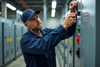 Technicien en tenue de travail installe un dispositif de protection électrique