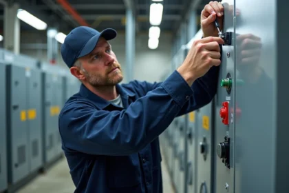 Technicien en tenue de travail installe un dispositif de protection électrique