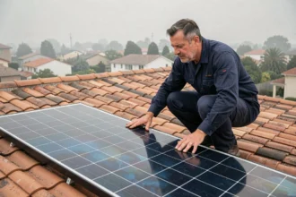 Technicien solaire inspectant des panneaux solaires Sillia sur un toit en tuiles rouges en zone résidentielle