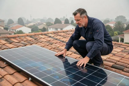 Technicien solaire inspectant des panneaux solaires Sillia sur un toit en tuiles rouges en zone résidentielle