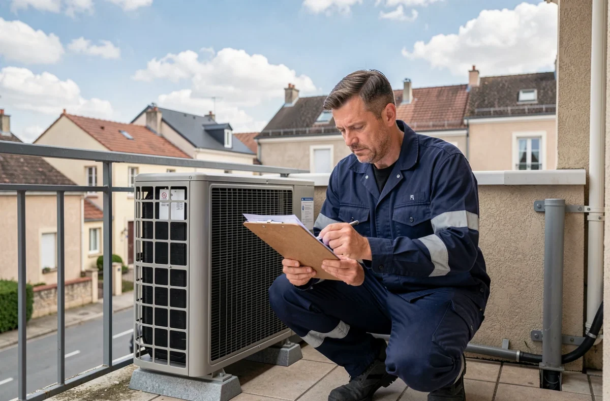 Technicien CVC inspectant une pompe à chaleur air-air extérieure sur un balcon de maison pavillonnaire française