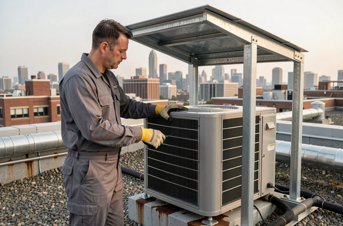 Technicien inspectant une pompe à chaleur sous un abri métallique sur une terrasse urbaine