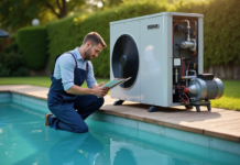 Durée de vie pompe à chaleur piscine : facteurs influençant sa longévité Technicien en overalls inspectant une pompe à chaleur piscine extérieure