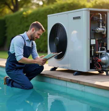 Durée de vie pompe à chaleur piscine : facteurs influençant sa longévité Technicien en overalls inspectant une pompe à chaleur piscine extérieure