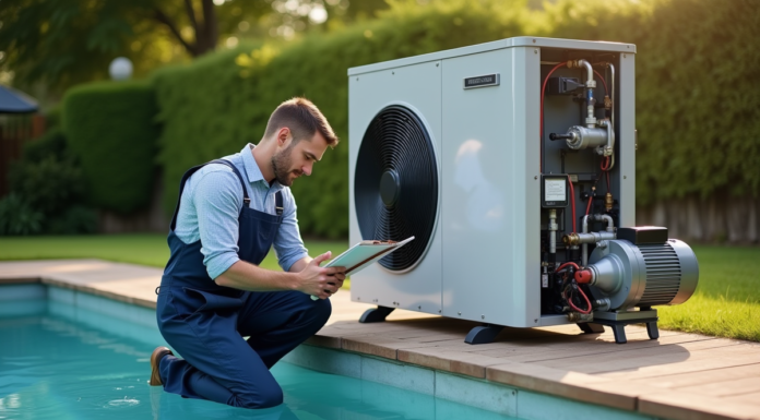 Technicien en overalls inspectant une pompe à chaleur piscine extérieure
