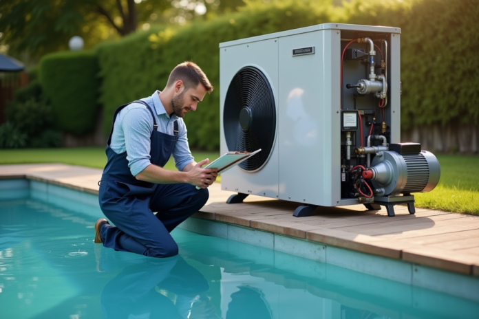 technicien-pompe-chauffage-piscine Technicien en overalls inspectant une pompe à chaleur piscine extérieure
