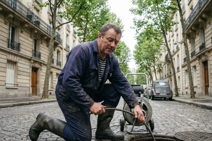 Technicien en tenue de travail près d'une bouche d'égout à Paris