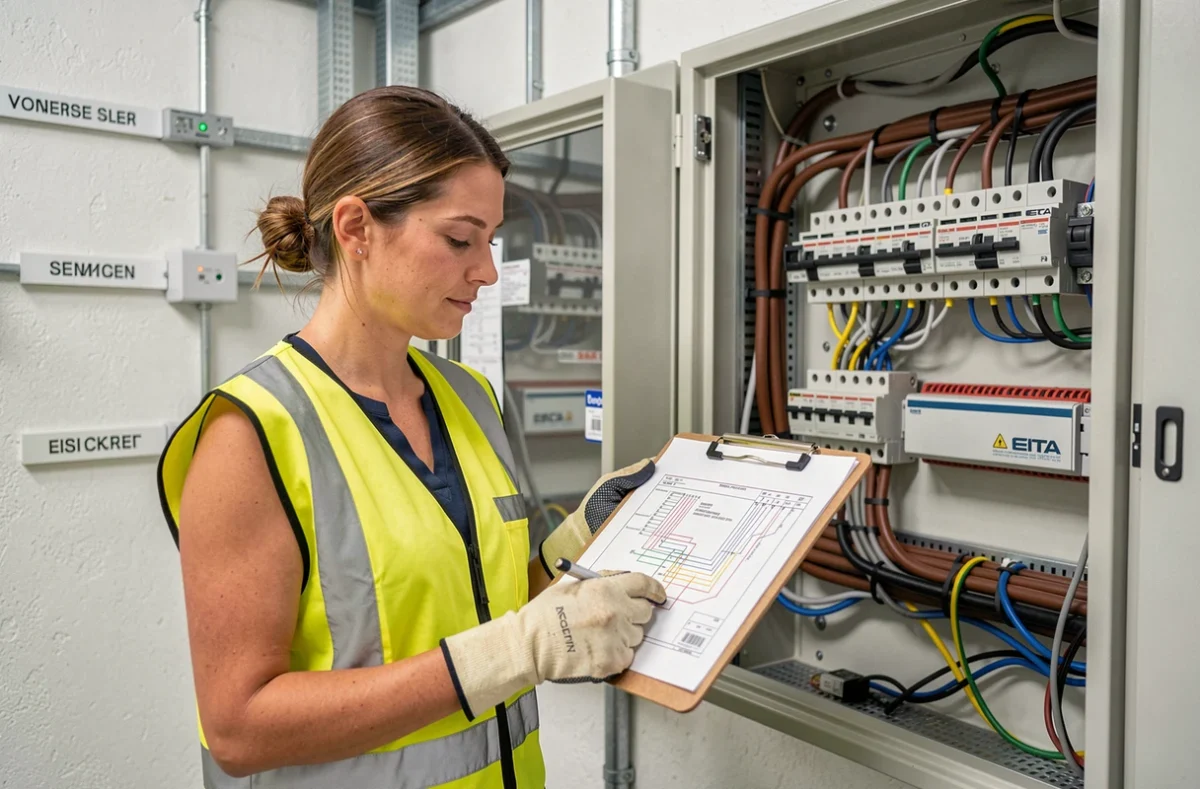 Technicienne électrique consultant un schéma de câblage triphasé devant un tableau de distribution ouvert
