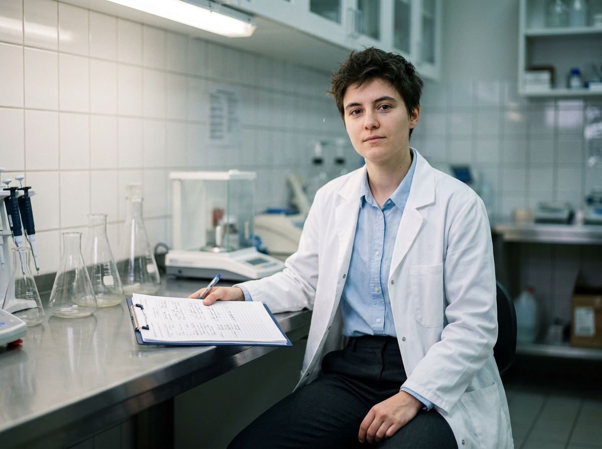 Personne en blouse blanche de laboratoire examinant un document sur un plan de travail en acier inoxydable, représentant une tenue professionnelle adaptée au milieu médical ou scientifique