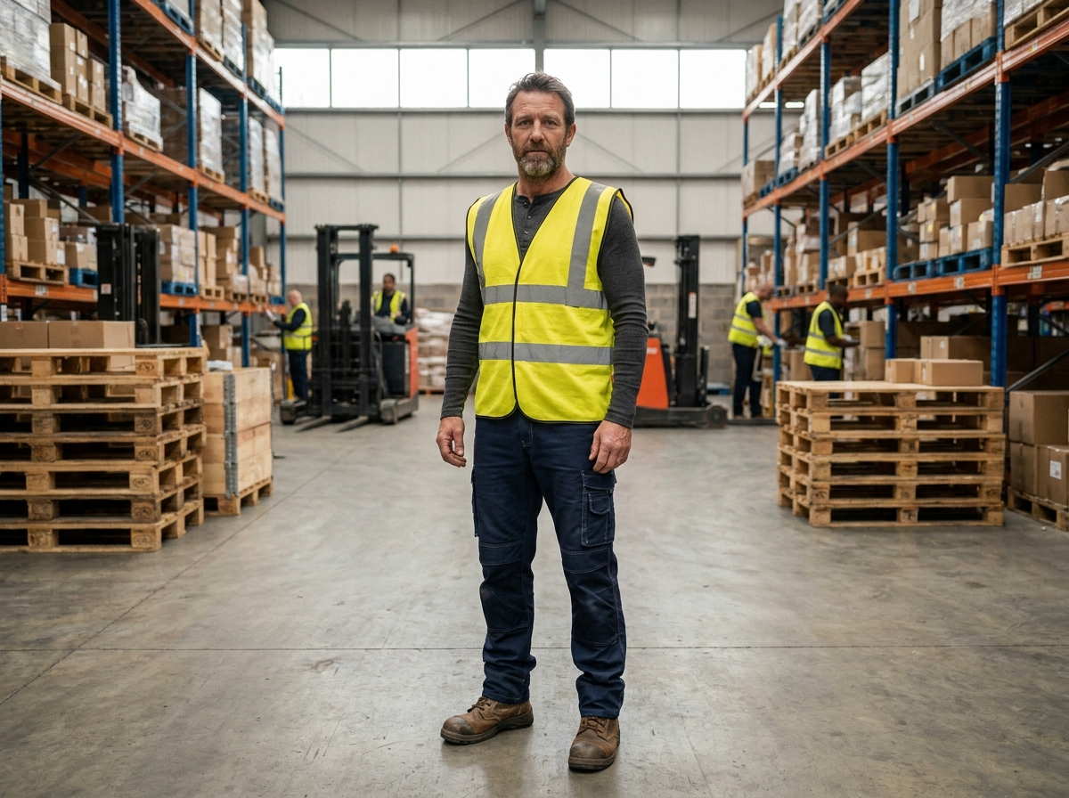 Homme portant une tenue de sécurité professionnelle avec gilet haute visibilité et chaussures de sécurité dans un entrepôt industriel