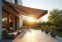 Terrasse moderne avec store banne rétractable partiellement déployé