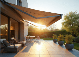 Terrasse moderne avec store banne rétractable partiellement déployé