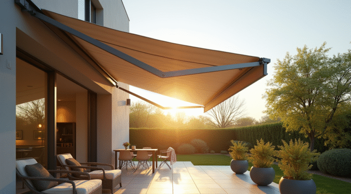 Terrasse moderne avec store banne rétractable partiellement déployé