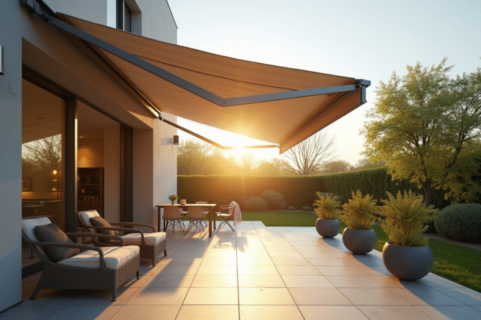 terrasse-avec-voile-omelette Terrasse moderne avec store banne rétractable partiellement déployé