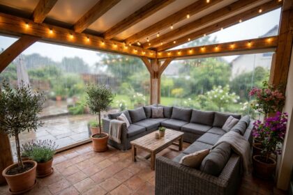 Terrasse couverte aménagée en salon extérieur sous la pluie avec canapé d'angle gris et panneaux en verre
