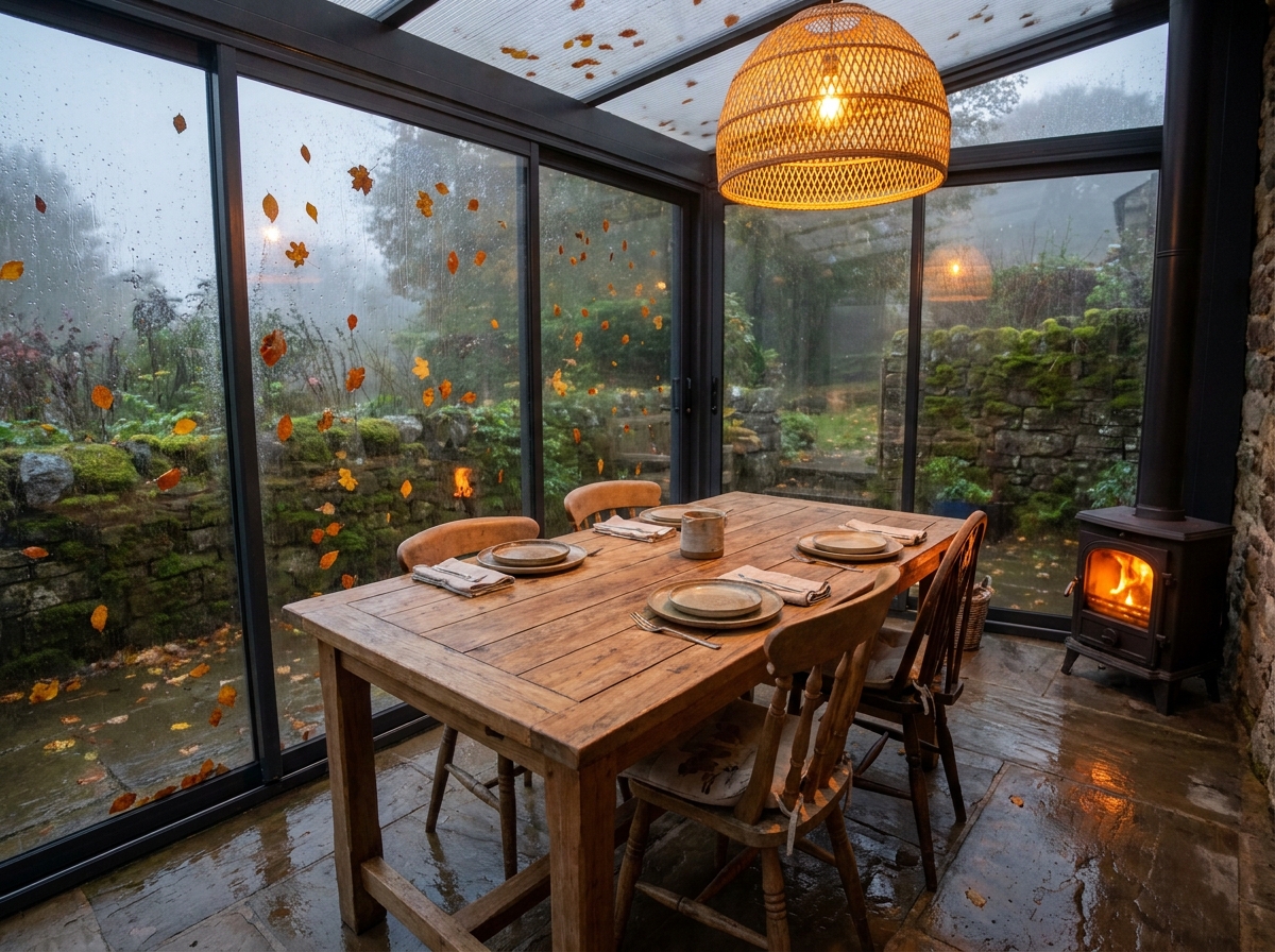 Terrasse fermée avec panneaux polycarbonate transparents et table à manger en teck sous la pluie d'automne