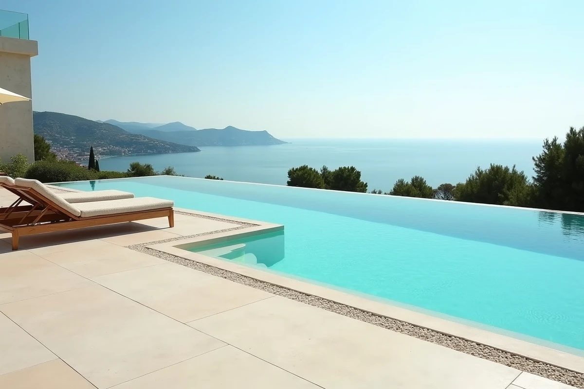 Terrasse de villa de luxe sur la Côte d'Azur avec piscine à débordement et vue panoramique sur la mer Méditerranée, immobilier de prestige français