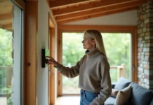 Femme ajustant un thermostat dans une maison écologique