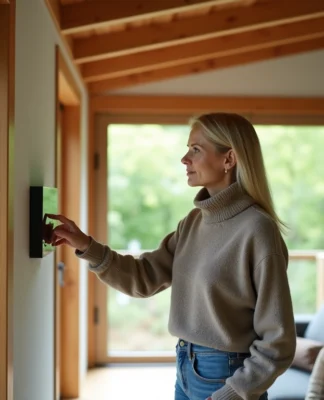 Femme ajustant un thermostat dans une maison écologique