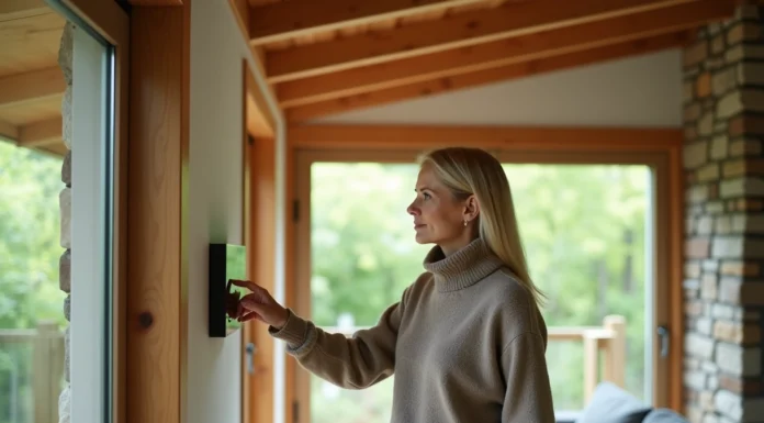 Femme ajustant un thermostat dans une maison écologique