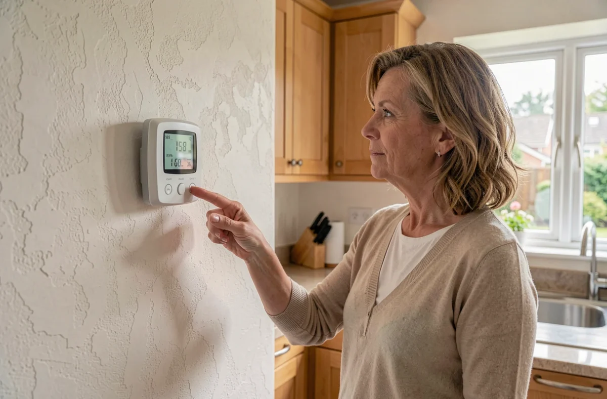 Femme consultant un thermostat connecté lié à une pompe à chaleur dans une maison de 150m2