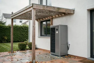 Pompe à chaleur extérieure protégée par un auvent en bois dans un jardin résidentiel en automne