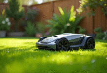 Tondeuse robotique dans un jardin bien entretenu en plein jour