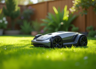 Tondeuse robotique dans un jardin bien entretenu en plein jour